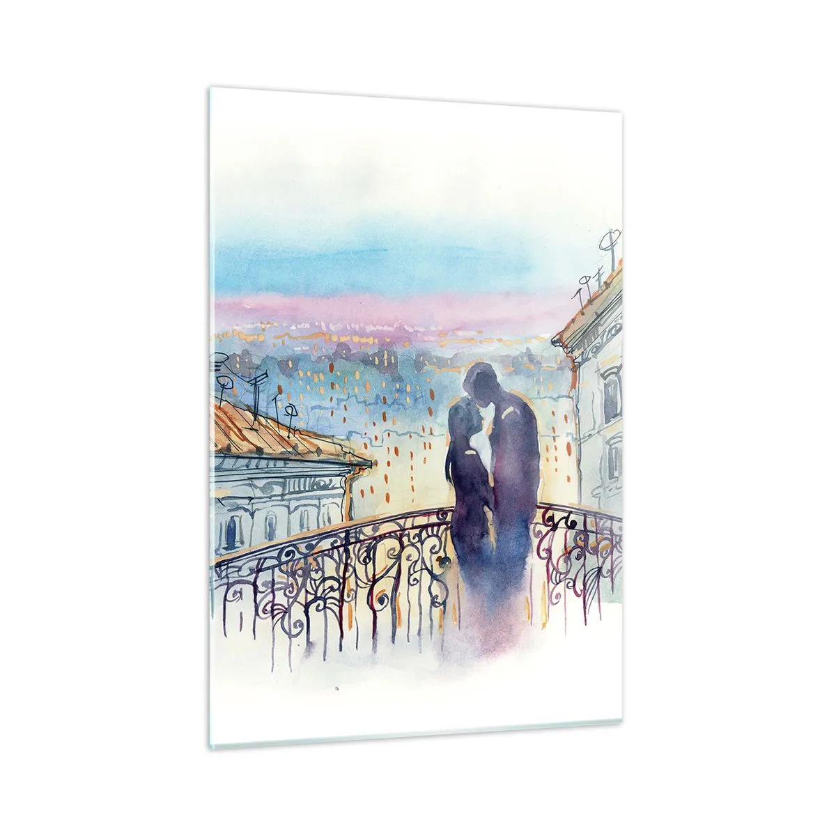 Obraz na szkle - Para na balkonie w romantycznym zachodzie słońca - 50x70cm - Paryscy kochankowie - Nowoczesna dekoracja ścienna do salonu, kuchni i sypialni ARTTOR