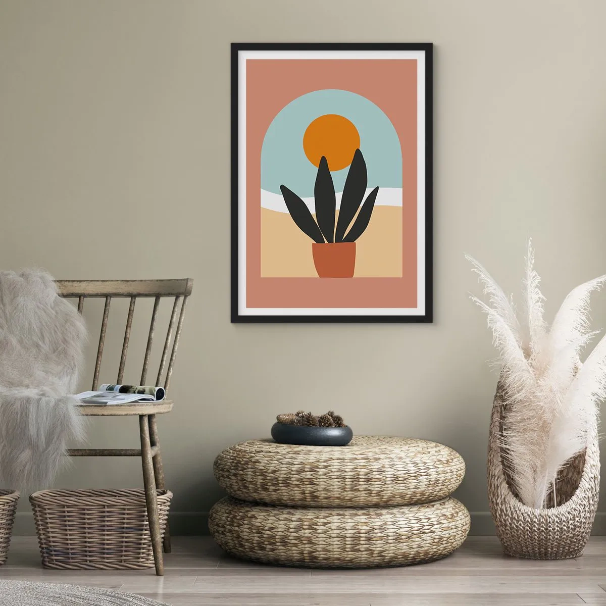 Plakat w czarnej ramie - Roślina w doniczce na tle łuku z zachodem słońca - 50x70cm - Drobne radości - Nowoczesna dekoracja ścienna do salonu i sypialni ARTTOR
