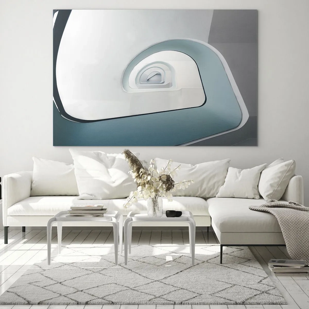 Obraz na szkle - Nowoczesna klatka schodowa w abstrakcyjnej perspektywie - 100x70cm - Do dna błękitu - Nowoczesna dekoracja ścienna do salonu, kuchni i sypialni ARTTOR