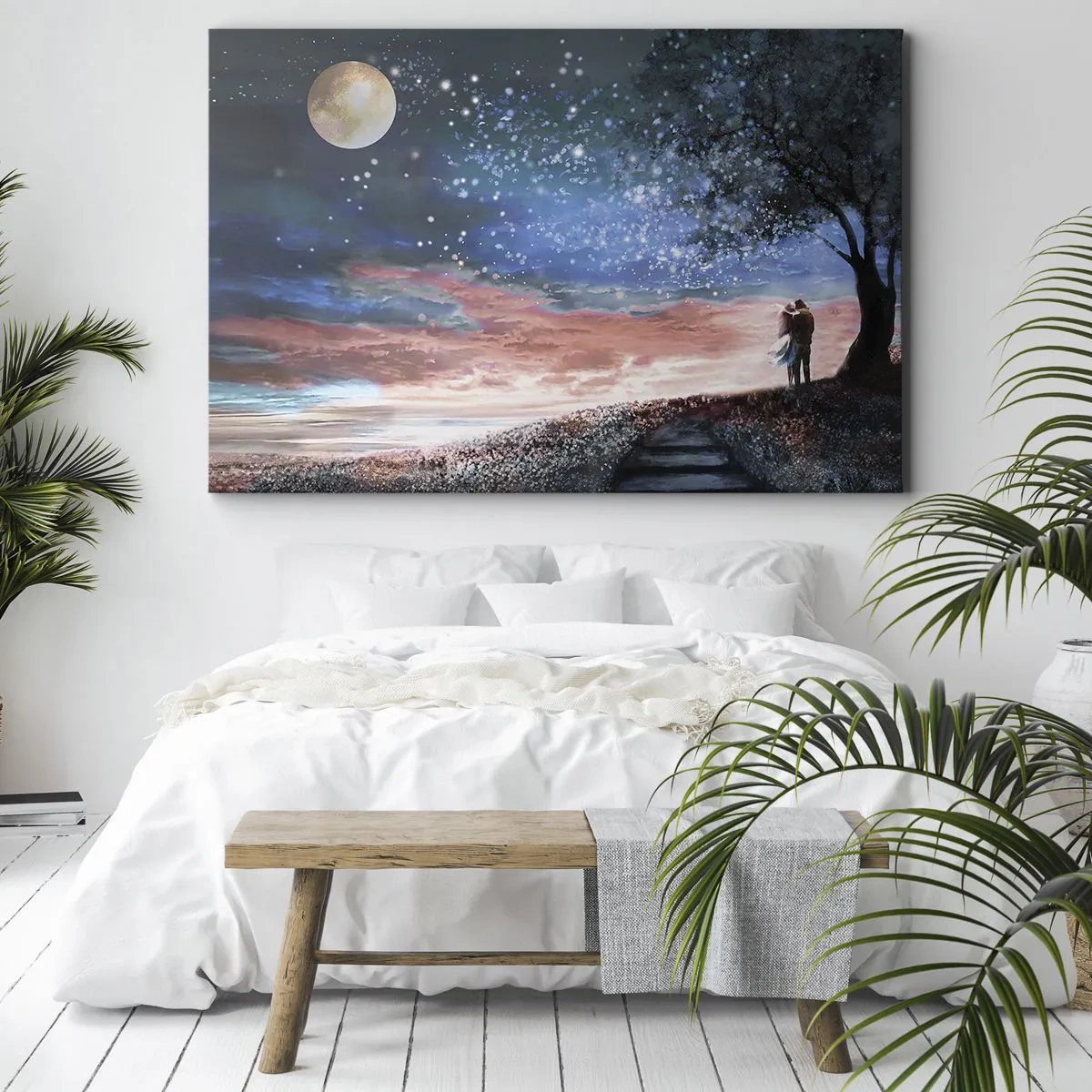 Obraz na płótnie - Romantyczna scena pary pod pełnią księżyca - 70x50cm - Gwiaździsty spektakl - Nowoczesna dekoracja ścienna do salonu i sypialni ARTTOR