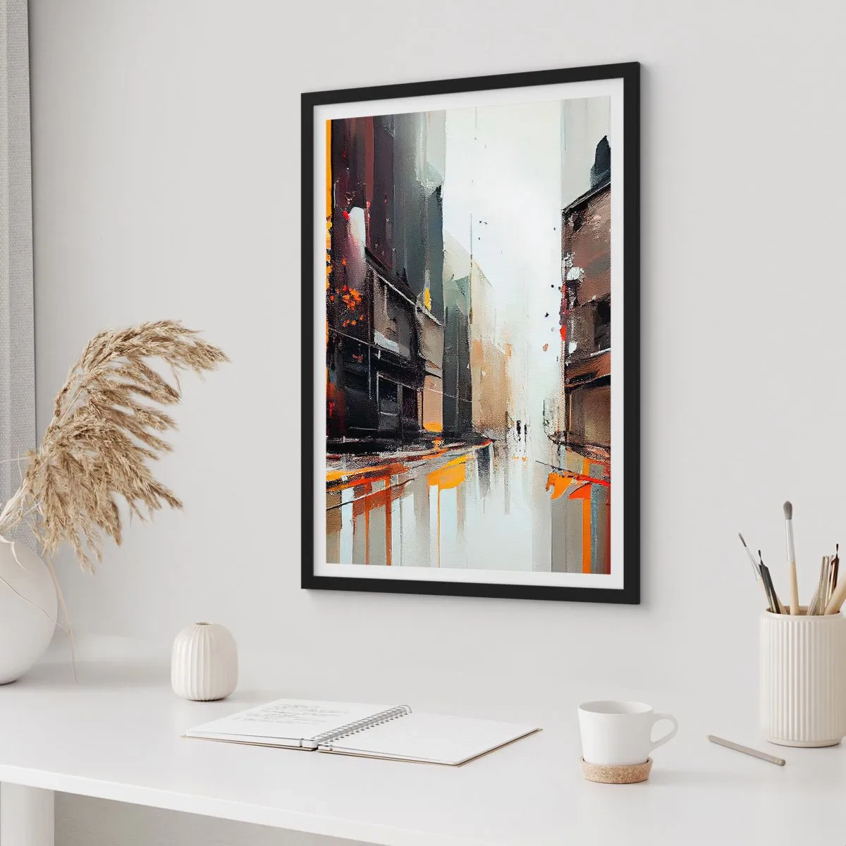 Plakat w czarnej ramie - Abstrakcyjna panorama miasta w odcieniach szarości i pomarańczu - 50x70cm - Deszczowy dzień - Nowoczesna dekoracja ścienna do salonu i sypialni ARTTOR