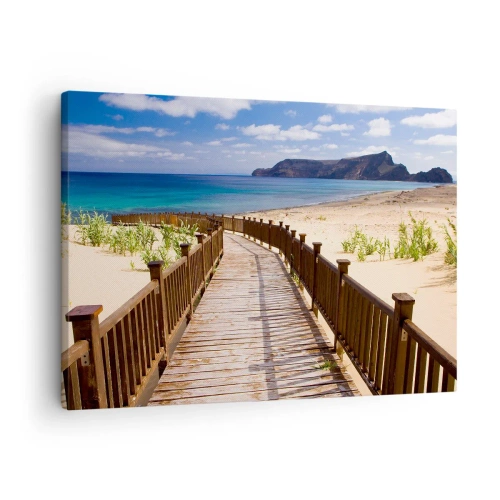 Obraz na płótnie - Drewniana ścieżka prowadząca na plażę z widokiem na ocean - 70x50cm - Zabierz mnie na wyspy szczęśliwe - Nowoczesna dekoracja ścienna do salonu i sypialni ARTTOR