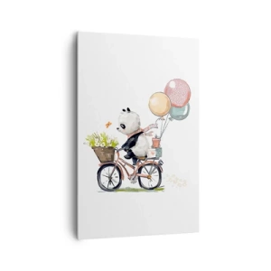 Obraz na płótnie - Panda na rowerze z balonami i kwiatami - 80x120cm - Szczęśliwy dzień - Nowoczesna dekoracja ścienna do salonu i sypialni ARTTOR