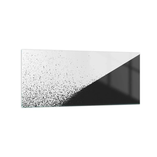 Obraz na szkle - Minimalistyczna abstrakcja w czerni i bieli z rozproszonymi kropkami - 120x50cm - Coraz szybciej, coraz więcej - Nowoczesna dekoracja ścienna do salonu i sypialni ARTTOR