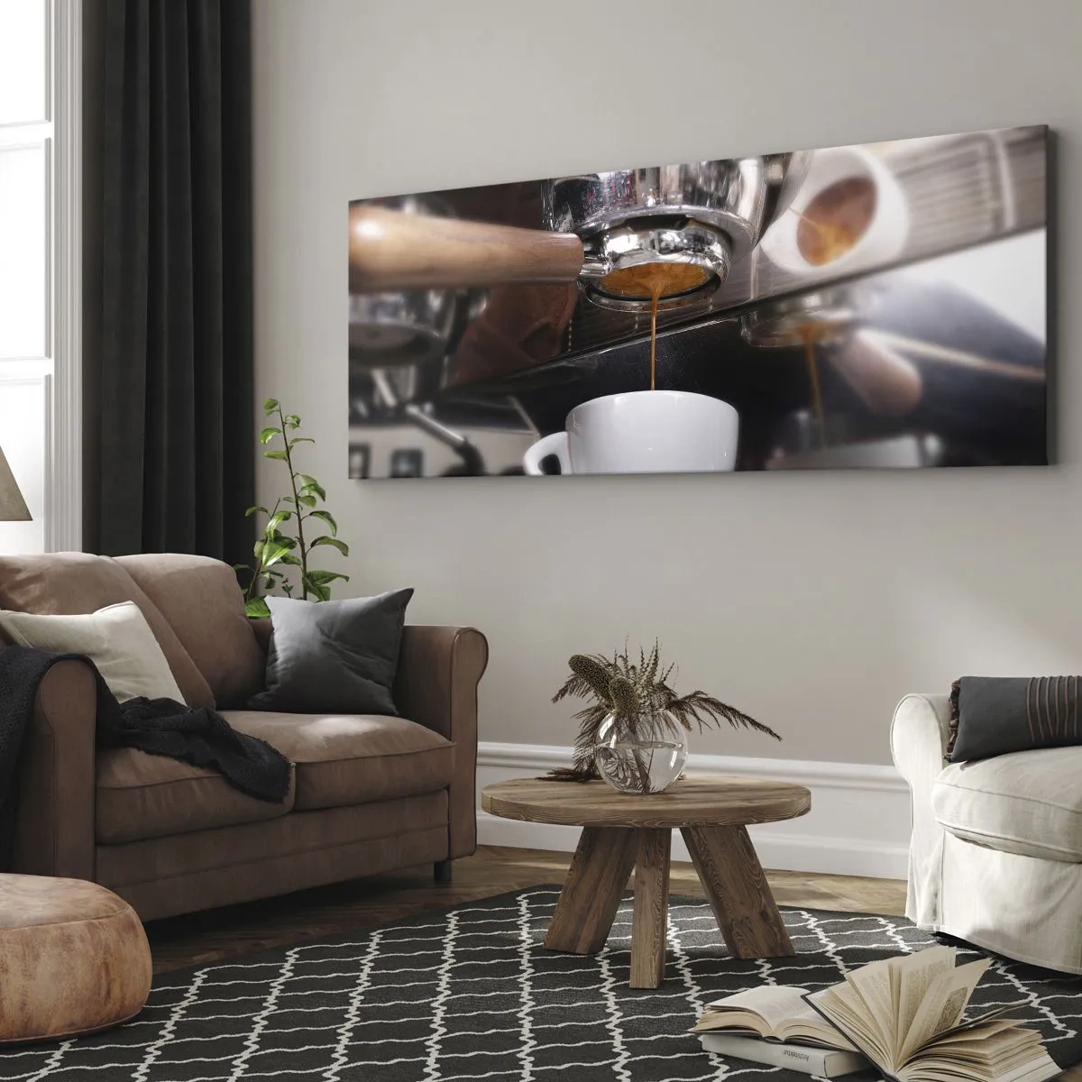 Obraz na płótnie - Zbliżenie na ekspres do kawy przygotowujący świeże espresso - 120x50cm - Dobra chwila dnia - Nowoczesna dekoracja ścienna do salonu i sypialni ARTTOR