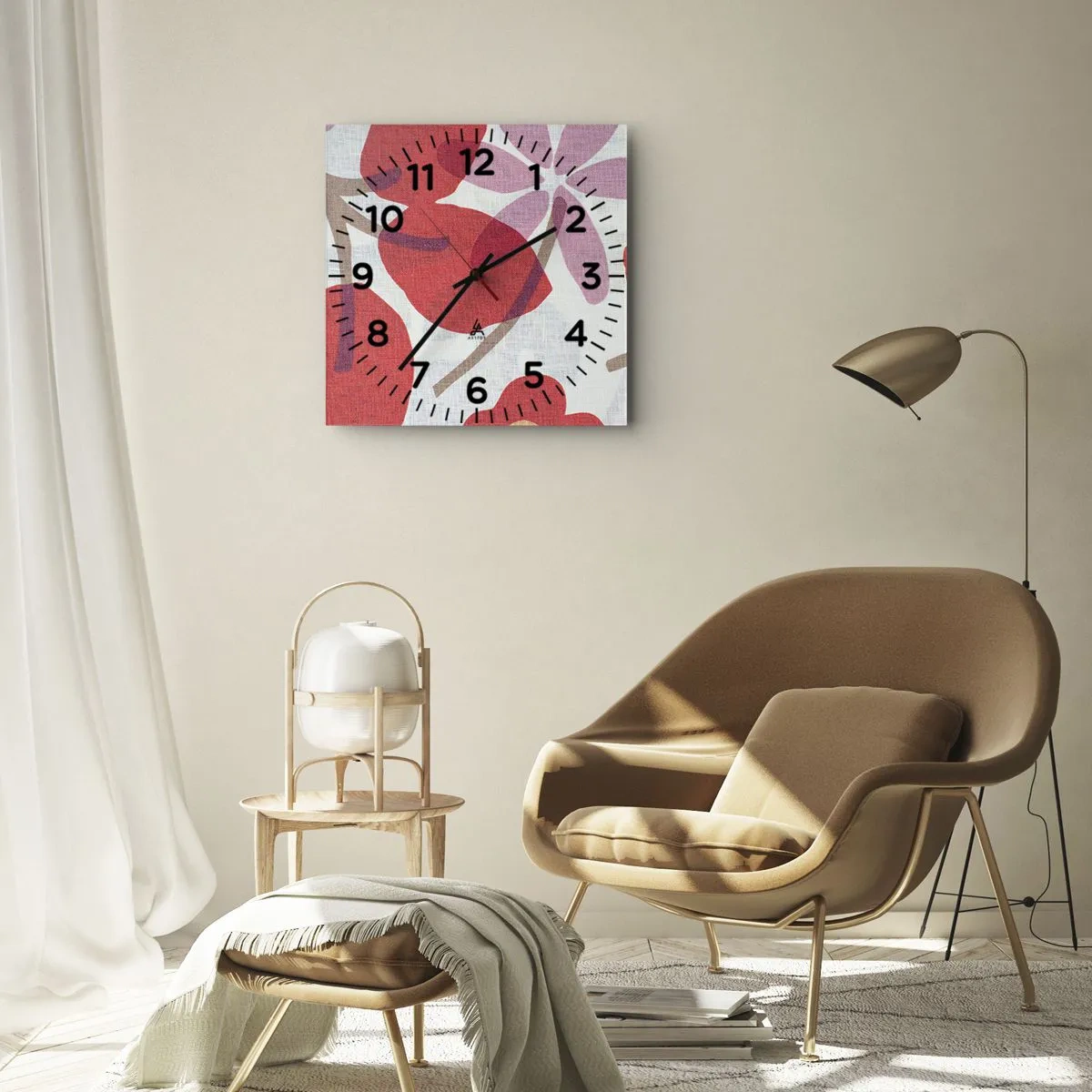 Zegar ścienny - Kwiaty i liście w odcieniach czerwieni i różu - 30x30cm - Kompozycja kwiatowa w różu - Nowoczesna dekoracja ścienna do salonu i sypialni ARTTOR