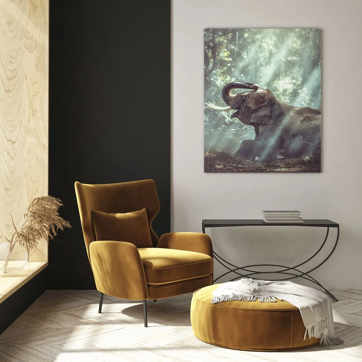 Obraz na szkle - Chłopiec z książką i słoń w leśnym otoczeniu - 50x70cm - A posłuchaj tego… - Nowoczesna dekoracja ścienna do salonu, kuchni i sypialni ARTTOR