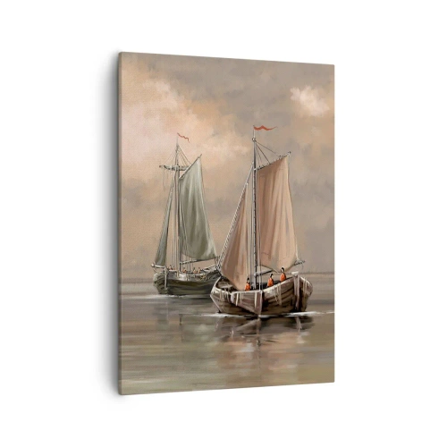 Obraz na płótnie - Żaglówki na spokojnym morzu w pastelowych tonacjach - 50x70cm - Powrót żeglarzy - Nowoczesna dekoracja ścienna do salonu, kuchni i sypialni ARTTOR