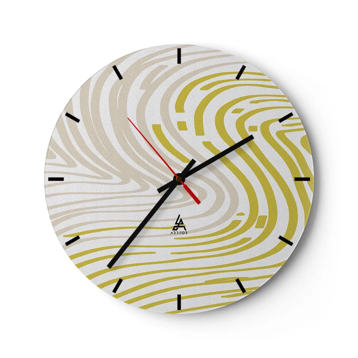 Zegar ścienny - Abstrakcyjne linie w beżowym i żółtym kolorze tworzące wirujący wzór - 30x30cm - Kompozycja z łagodnym ugięciem - Nowoczesna dekoracja ścienna do salonu, kuchni i sypialni ARTTOR