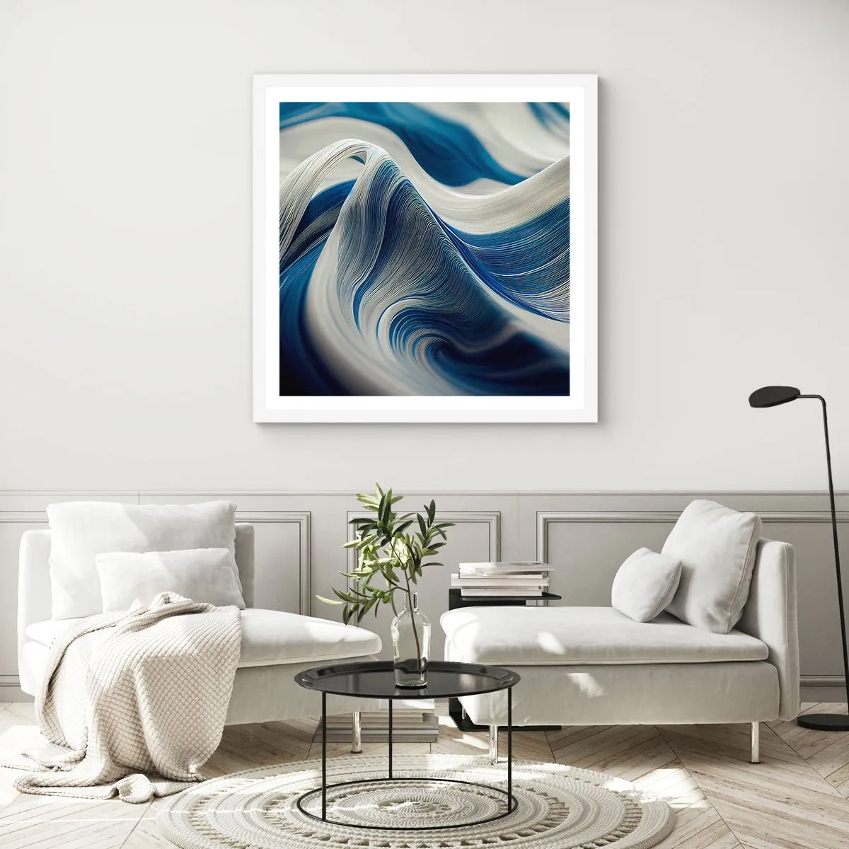 Plakat w białej ramie - Płynność błękitu i bieli - 30x30 cm