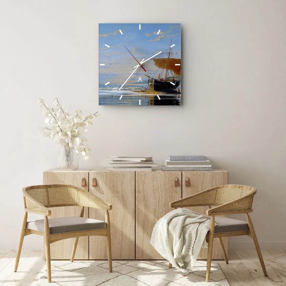Zegar ścienny - Statek na brzegu morza w słoneczny dzień - 30x30cm - Woda, ziemia, powietrze - Nowoczesna dekoracja ścienna do salonu i sypialni ARTTOR