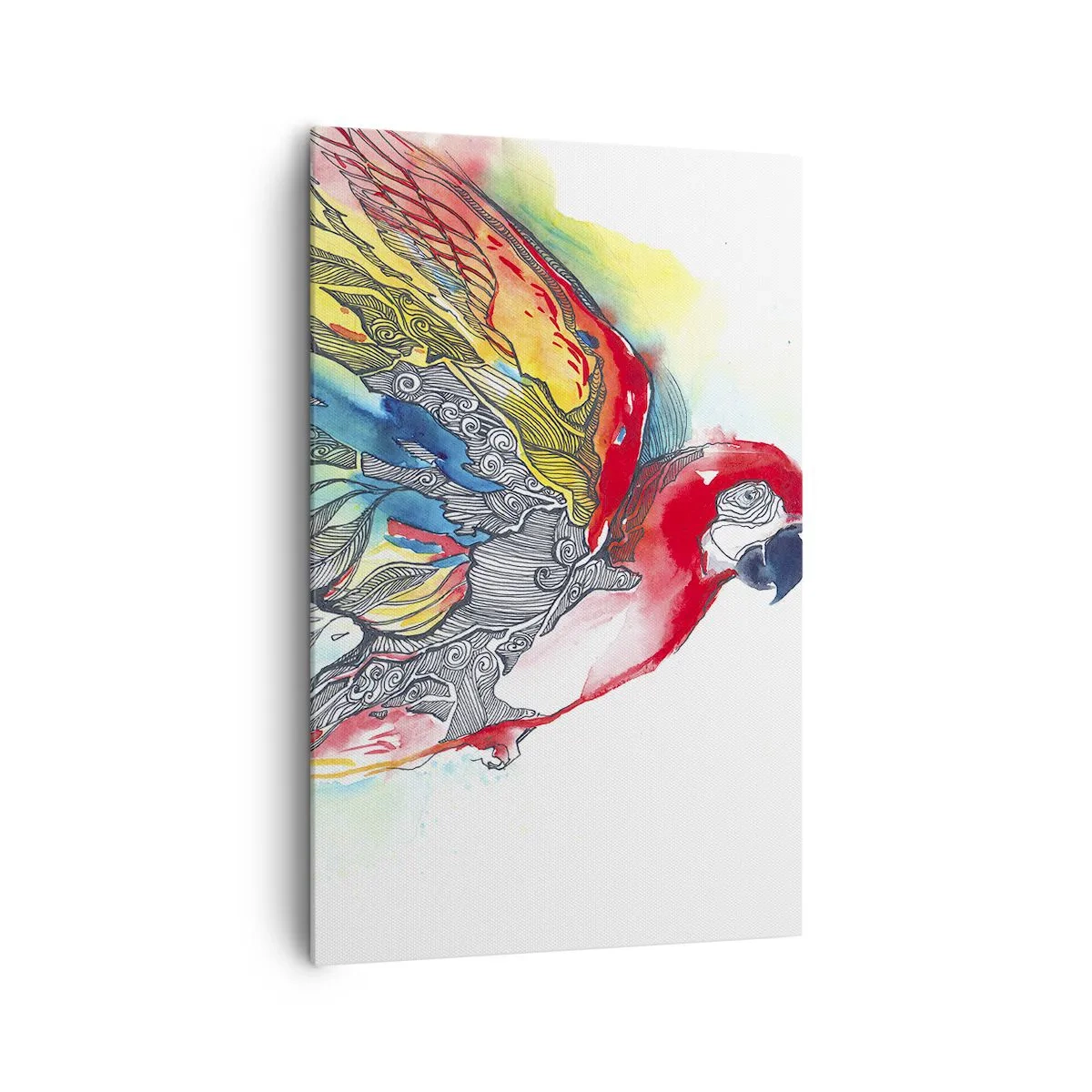 Obraz na płótnie - Kolorowa papuga w locie z abstrakcyjnymi wzorami na skrzydłach - 80x120cm - Żyj kolorowo - Nowoczesna dekoracja ścienna do salonu i sypialni ARTTOR