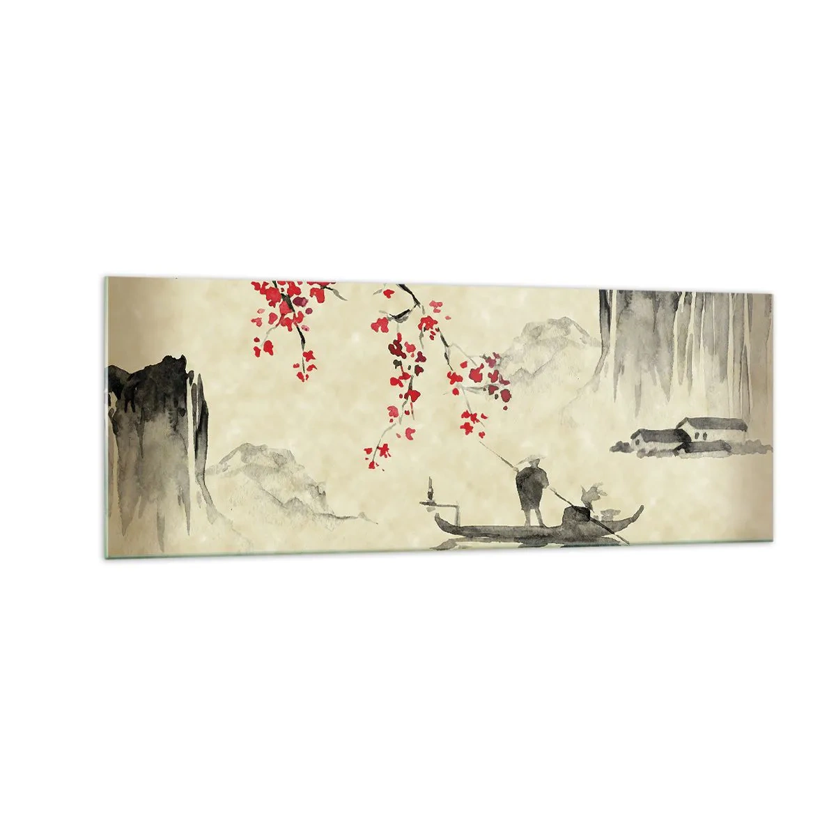 Obraz na szkle - Orientalna ilustracja z łodzią i kwitnącą gałęzią - 140x50cm - W kraju kwitnącej wiśni - Nowoczesna dekoracja ścienna do salonu i sypialni ARTTOR