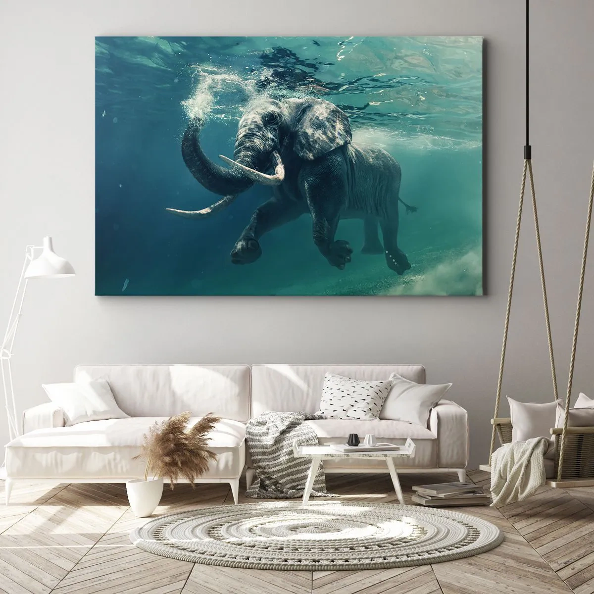 Obraz na płótnie - Słoń pływający pod wodą w turkusowej głębinie - 70x50cm - Wszyscy lubią pływać - Nowoczesna dekoracja ścienna do salonu i sypialni ARTTOR