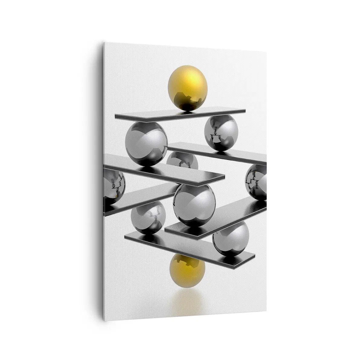 Obraz na płótnie - Geometryczna kompozycja z metalowymi kulami i złotym akcentem - 80x120cm - Złoto-srebrna równowaga - Nowoczesna dekoracja ścienna do salonu i sypialni ARTTOR