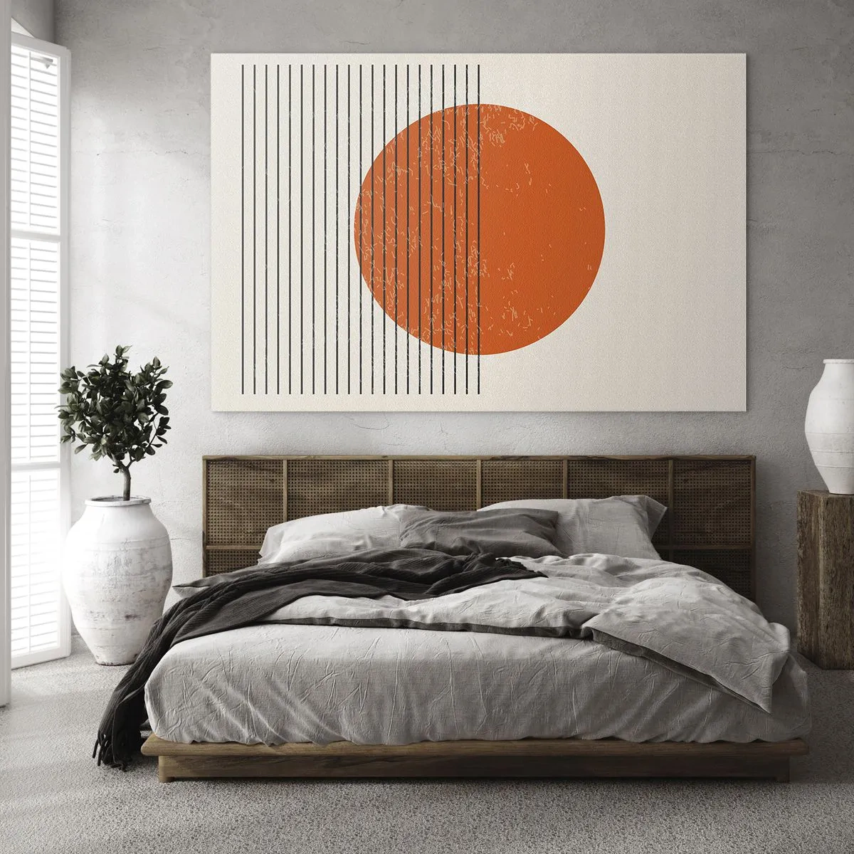 Obraz na szkle - Geometryczna kompozycja z pomarańczowym kołem i liniami - 70x50cm - Zawsze słońce - Nowoczesna dekoracja ścienna do salonu i sypialni ARTTOR