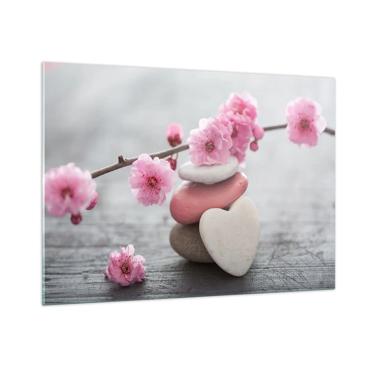 Obraz na szkle - Różowe kwiaty wiśni i kamienie w kształcie serca - 100x70cm - Błogość z kwiatem wiśni - Nowoczesna dekoracja ścienna do salonu, kuchni i sypialni ARTTOR