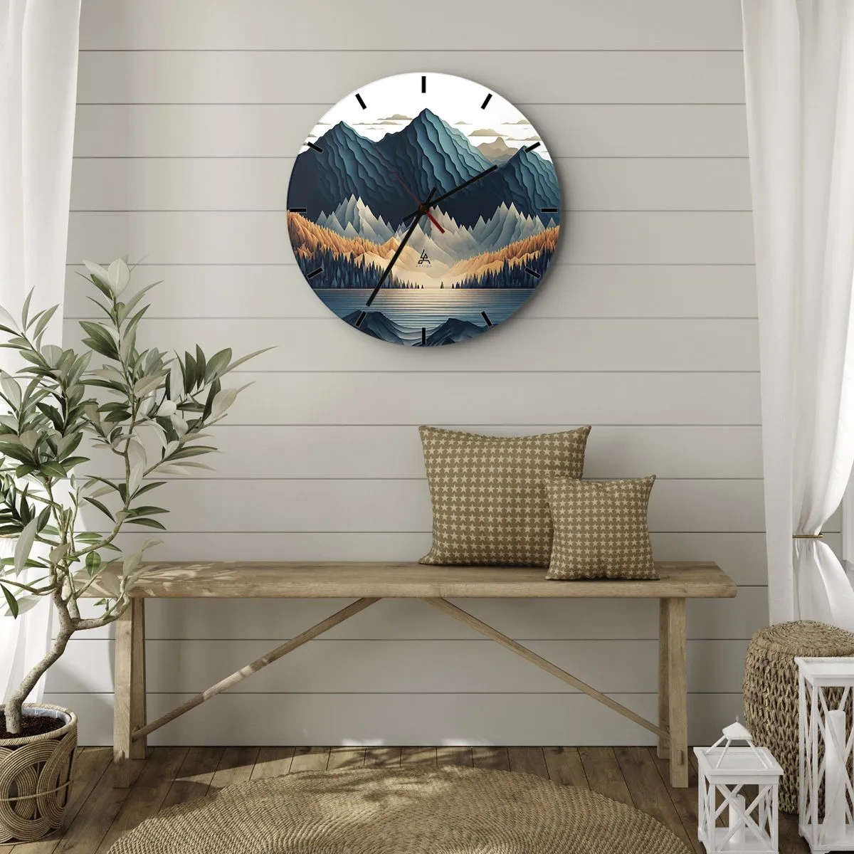 Zegar ścienny - Góry w odcieniach granatu i beżu nad jeziorem o poranku - 30x30cm - Pejzaż górski doskonały - Nowoczesna dekoracja ścienna do salonu, kuchni i sypialni ARTTOR