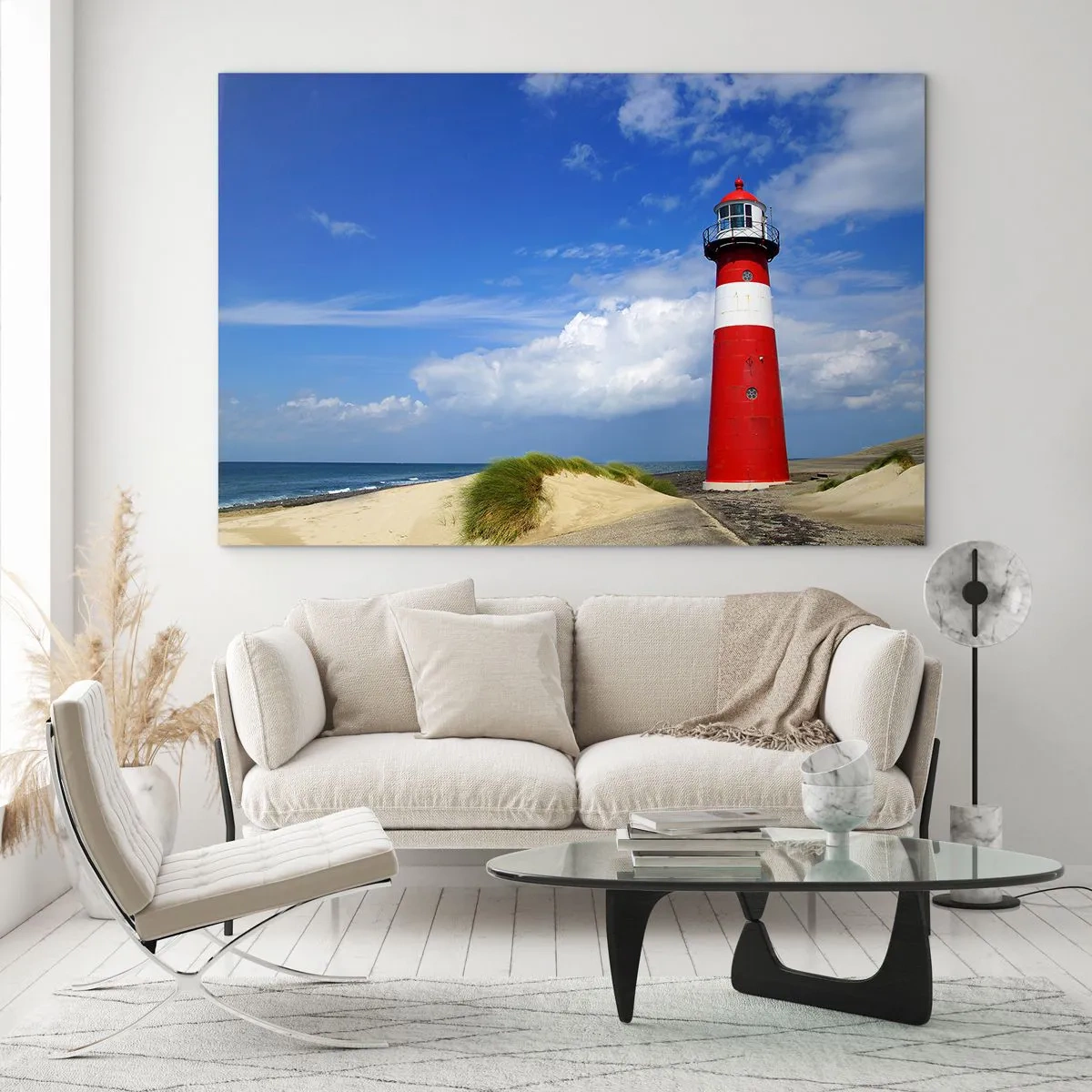 Obraz na szkle - Czerwona latarnia morska na tle błękitnego nieba - 70x50cm - Wymarzona samotnia - Nowoczesna dekoracja ścienna do salonu i sypialni ARTTOR