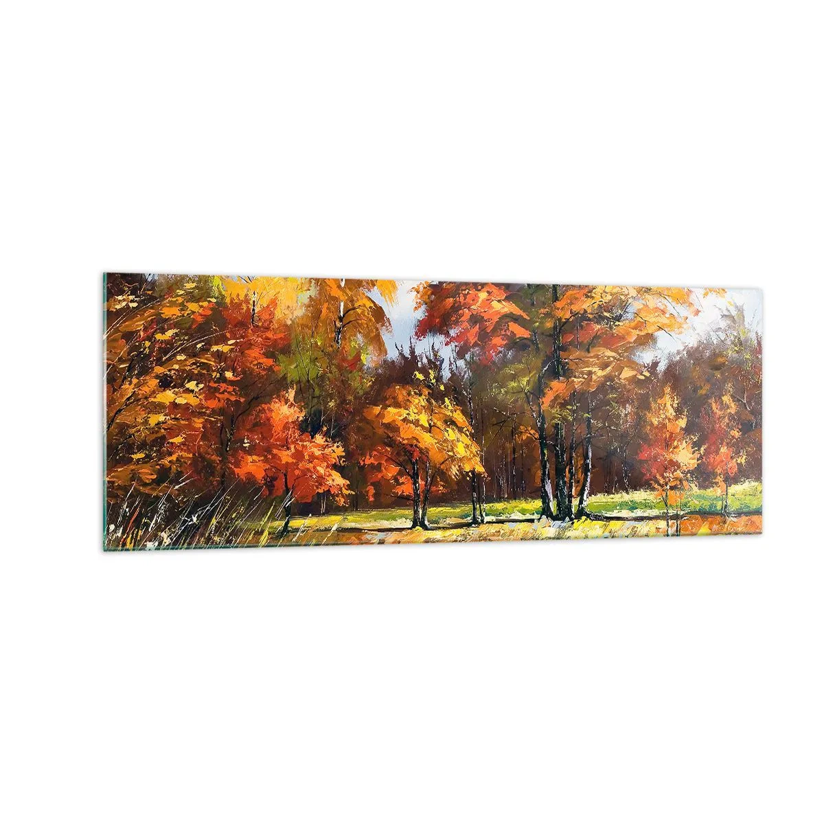 Obraz na szkle - Jesienny pejzaż z kolorowymi drzewami i stawem - 140x50cm - Pejzaż w złocie i brązie - Nowoczesna dekoracja ścienna do salonu i sypialni ARTTOR