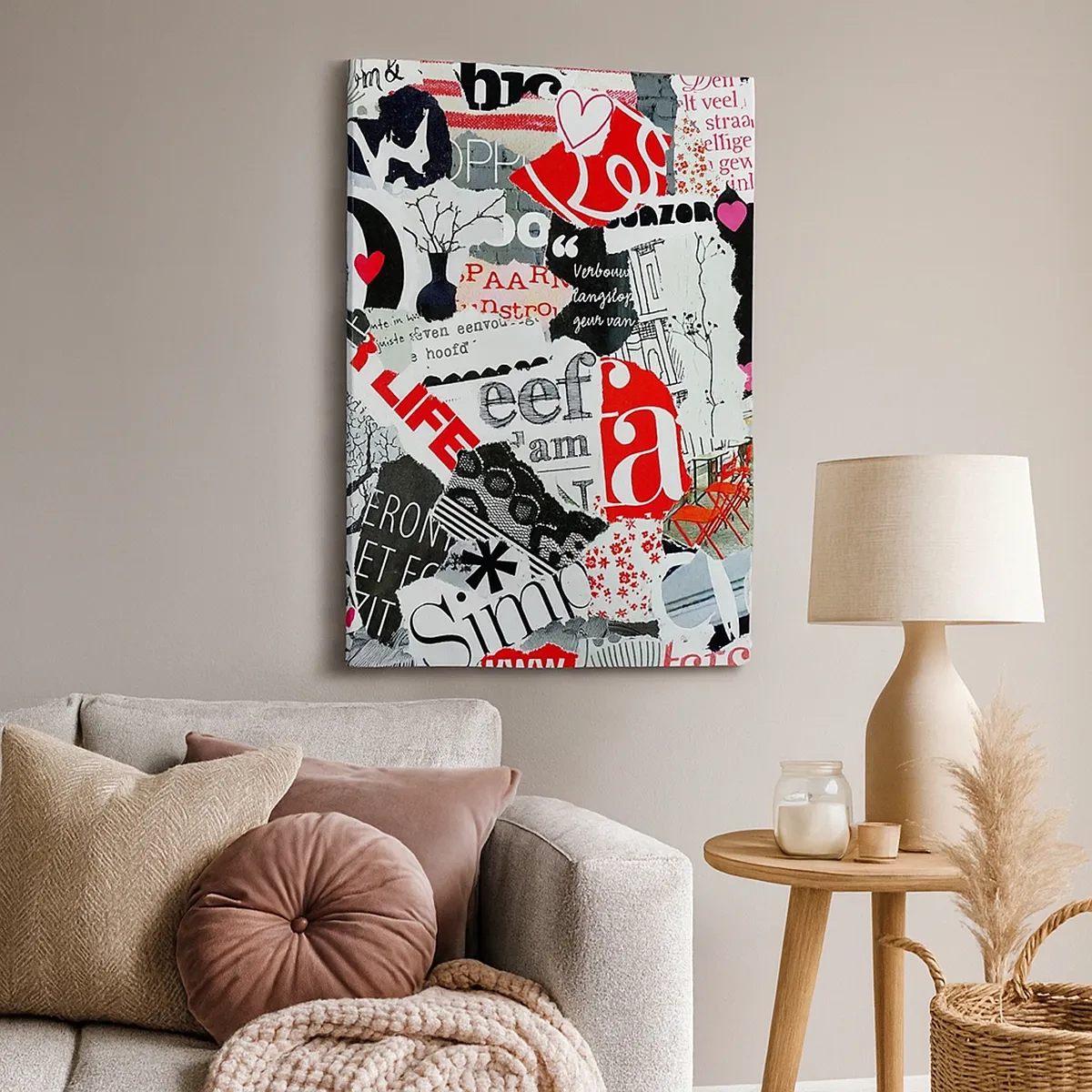 Obraz na płótnie - Abstrakcyjny kolaż tekstów i kształtów w stylu pop-art - 50x70cm - Hipsterski kolaż - Nowoczesna dekoracja ścienna do salonu, kuchni i sypialni ARTTOR