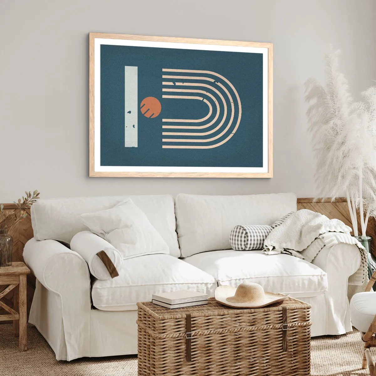 Plakat w ramie jasny dąb - Geometria na granacie - 91x61 cm