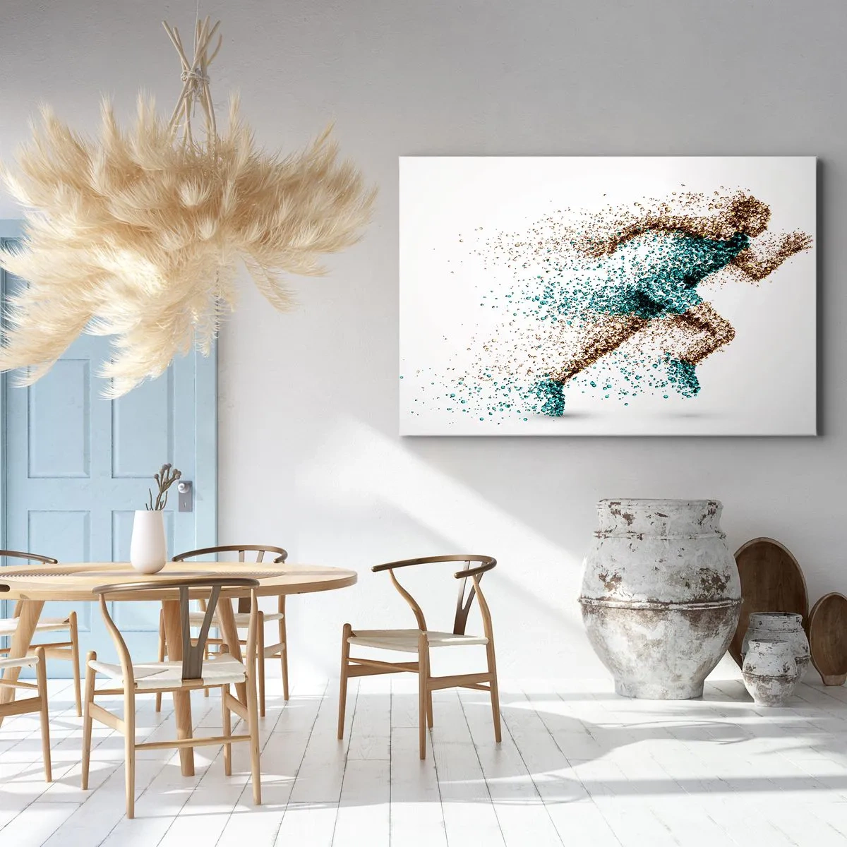 Obraz na płótnie - Dynamiczna postać biegacza złożona z drobnych cząstek - 120x80cm - Życie to bieg - Nowoczesna dekoracja ścienna do salonu, kuchni i sypialni ARTTOR