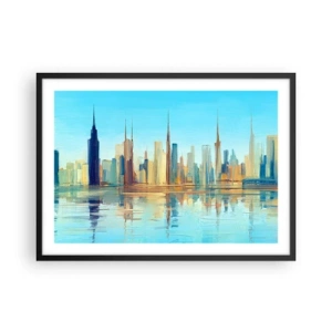 Plakat w czarnej ramie - Panorama miasta w ciepłych barwach z odbiciem w wodzie - 70x50cm - Słoneczna metropolia - Nowoczesna dekoracja ścienna do salonu i sypialni ARTTOR