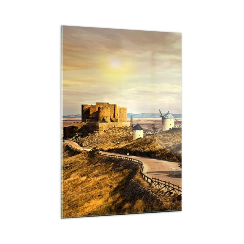 Obraz na szkle - Wiatraki i zamek w krajobrazie o zachodzie słońca - 50x70cm - Zaraz pojawi się Don Kichot - Nowoczesna dekoracja ścienna do salonu, kuchni i sypialni ARTTOR