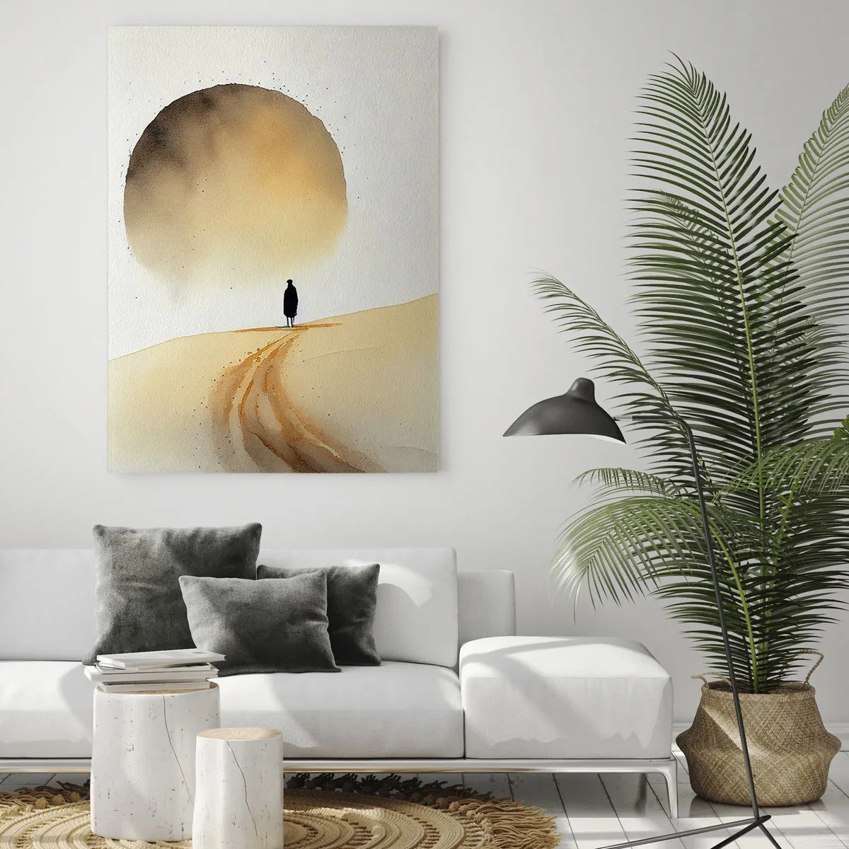 Obraz na szkle - Minimalistyczna postać na pustynnej drodze z wielkim słońcem - 80x120cm - Zawsze tęsknota - Nowoczesna dekoracja ścienna do salonu i sypialni ARTTOR