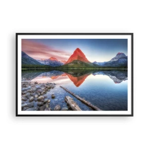 Plakat w czarnej ramie - Góra odbijająca się w jeziorze o zachodzie słońca - 100x70cm - Żar i chłód - Nowoczesna dekoracja ścienna do salonu i sypialni ARTTOR