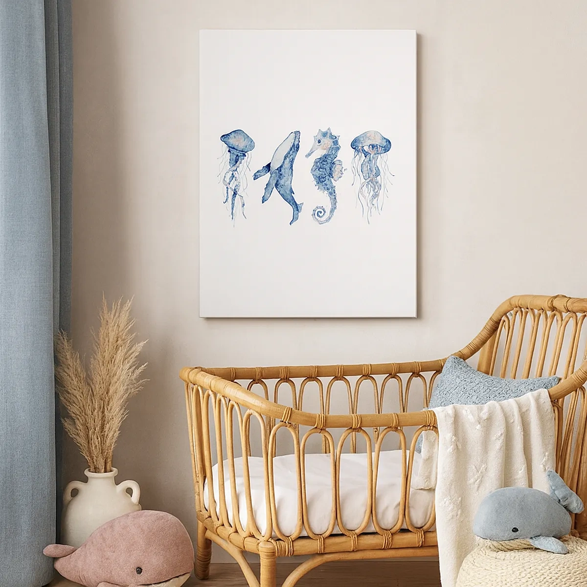 Obraz na płótnie - Meduzy, konik morski i rekin w akwarelowym stylu - 50x70cm - Morskie dziwy - Nowoczesna dekoracja ścienna do salonu, kuchni i sypialni ARTTOR