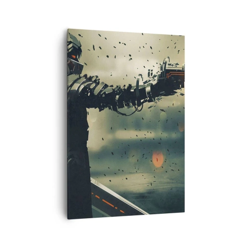 Obraz na płótnie - Cybernetyczny wojownik z futurystycznym uzbrojeniem - 70x100cm - Zabójcza broń - twój własny Terminator - Nowoczesna dekoracja ścienna do salonu i sypialni ARTTOR