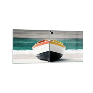 Obraz na szkle - Łódź na plaży z turkusowym morzem w tle - 120x50cm - Na swoim miejscu - Nowoczesna dekoracja ścienna do salonu i sypialni ARTTOR