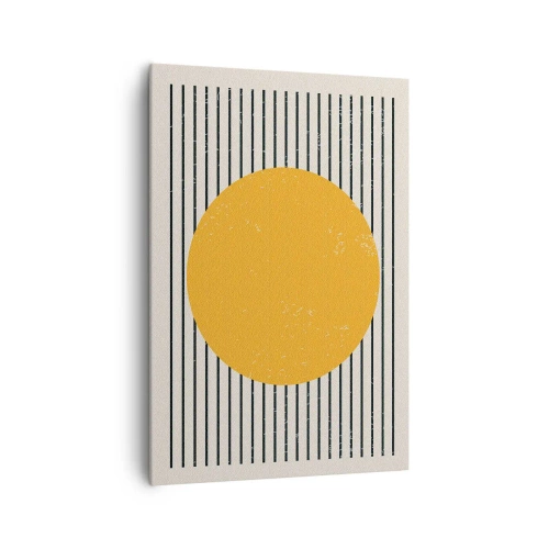 Obraz na płótnie - Żółte koło na tle czarno-białych poziomych linii - 70x100cm - Siła prostoty - Nowoczesna dekoracja ścienna do salonu i sypialni ARTTOR