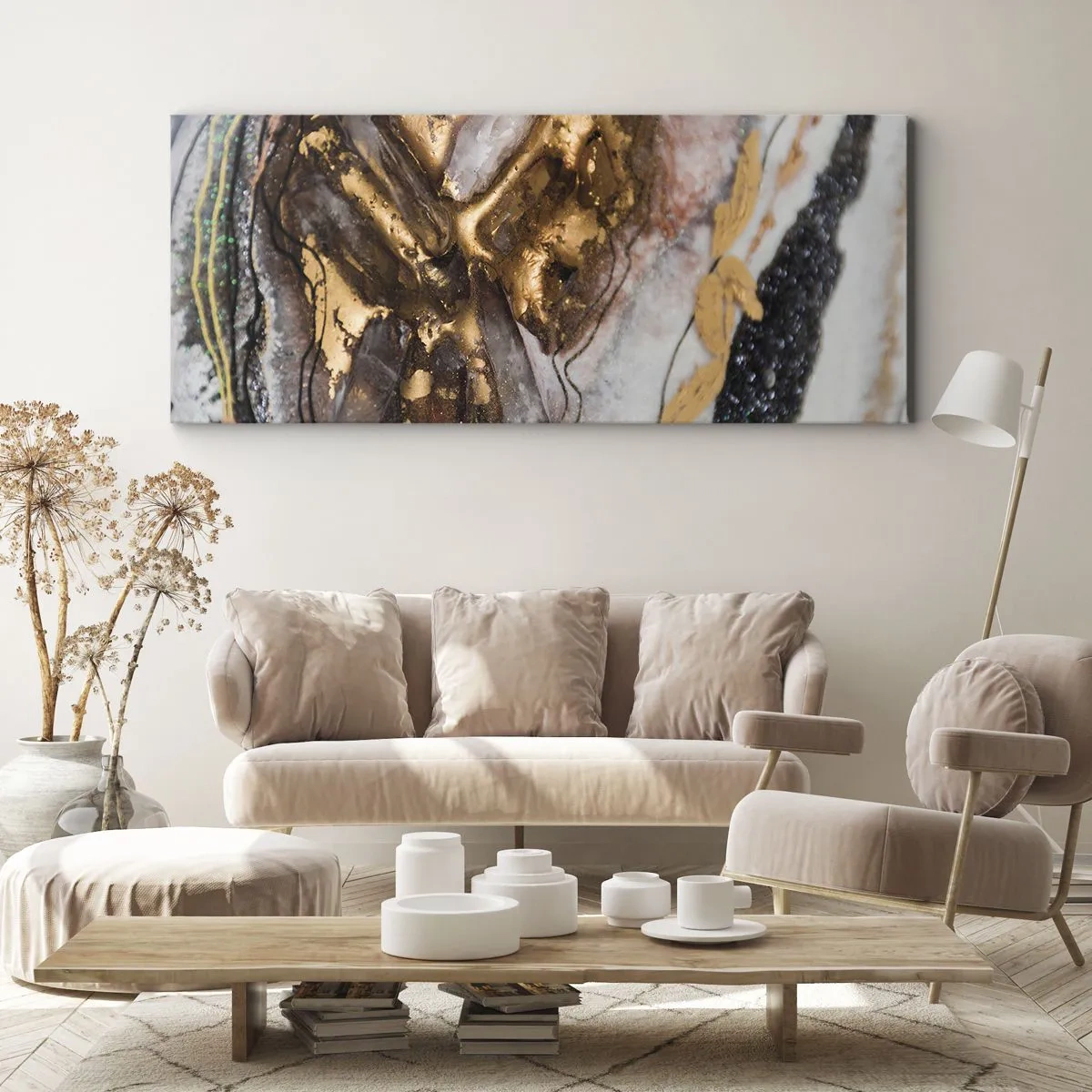 Obraz na płótnie - Abstrakcyjna kompozycja z elementami złota i kryształów - 160x50cm - Żywioł ziemi - Nowoczesna dekoracja ścienna do salonu i sypialni ARTTOR