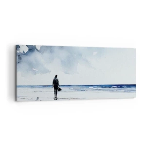 Obraz na płótnie - Postać na plaży w spokojnym otoczeniu morza - 120x50cm - Rozmowa z morzem - Nowoczesna dekoracja ścienna do salonu i sypialni ARTTOR