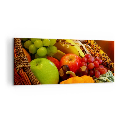 Obraz na płótnie - Kosz z owocami, dynią i kukurydzą na tle jesiennych barw - 120x50cm - Koszyk urodzaju - Nowoczesna dekoracja ścienna do salonu i sypialni ARTTOR