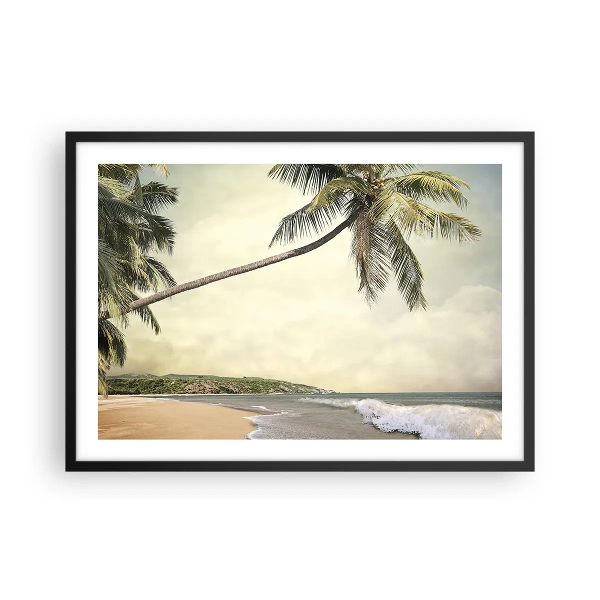 Plakat w czarnej ramie - Plaża z palmami na tle spokojnego morza - 70x50cm - Tropikalne marzenie - Nowoczesna dekoracja ścienna do salonu i sypialni ARTTOR