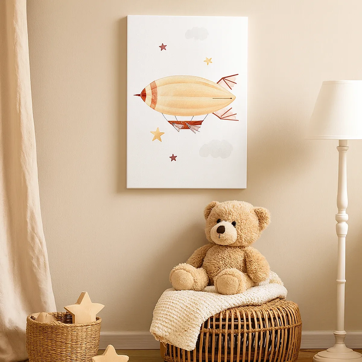 Obraz na płótnie - Ilustracja sterowca w pastelowych kolorach na białym tle - 50x70cm - Powietrzny statek - Nowoczesna dekoracja ścienna do salonu, kuchni i sypialni ARTTOR