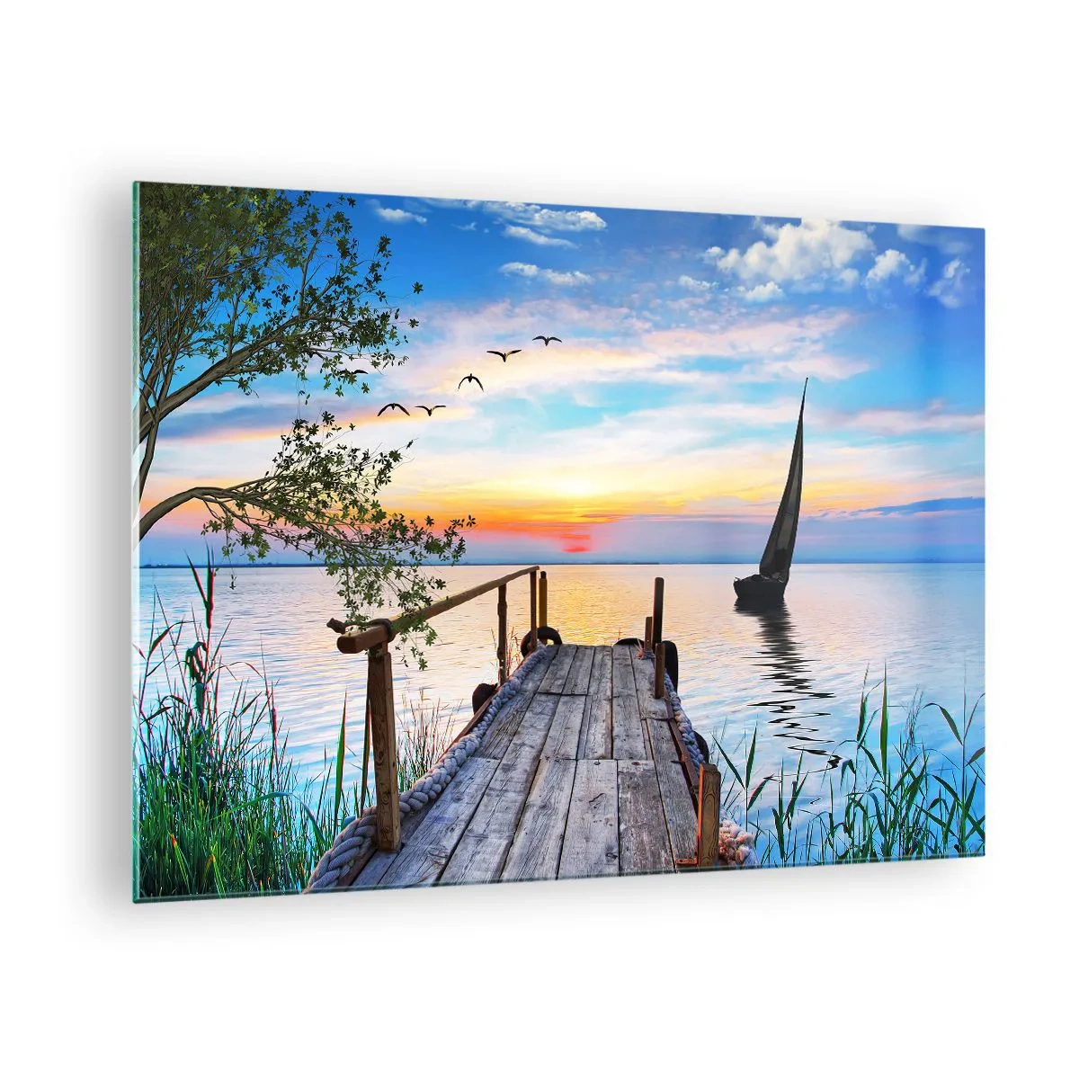 Obraz na szkle - Pomost nad jeziorem o zachodzie słońca z żaglówką w tle - 70x50cm - Dobry wieczór - Nowoczesna dekoracja ścienna do salonu i sypialni ARTTOR