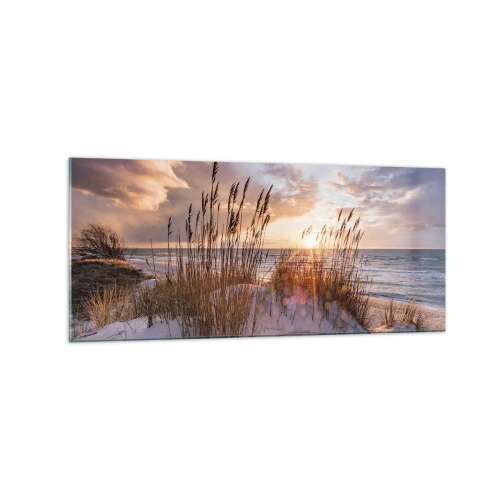 Obraz na szkle - Wydmy z trawami na tle zachodzącego słońca - 120x50cm - Pożegnanie słońca i wiatru - Nowoczesna dekoracja ścienna do salonu i sypialni ARTTOR