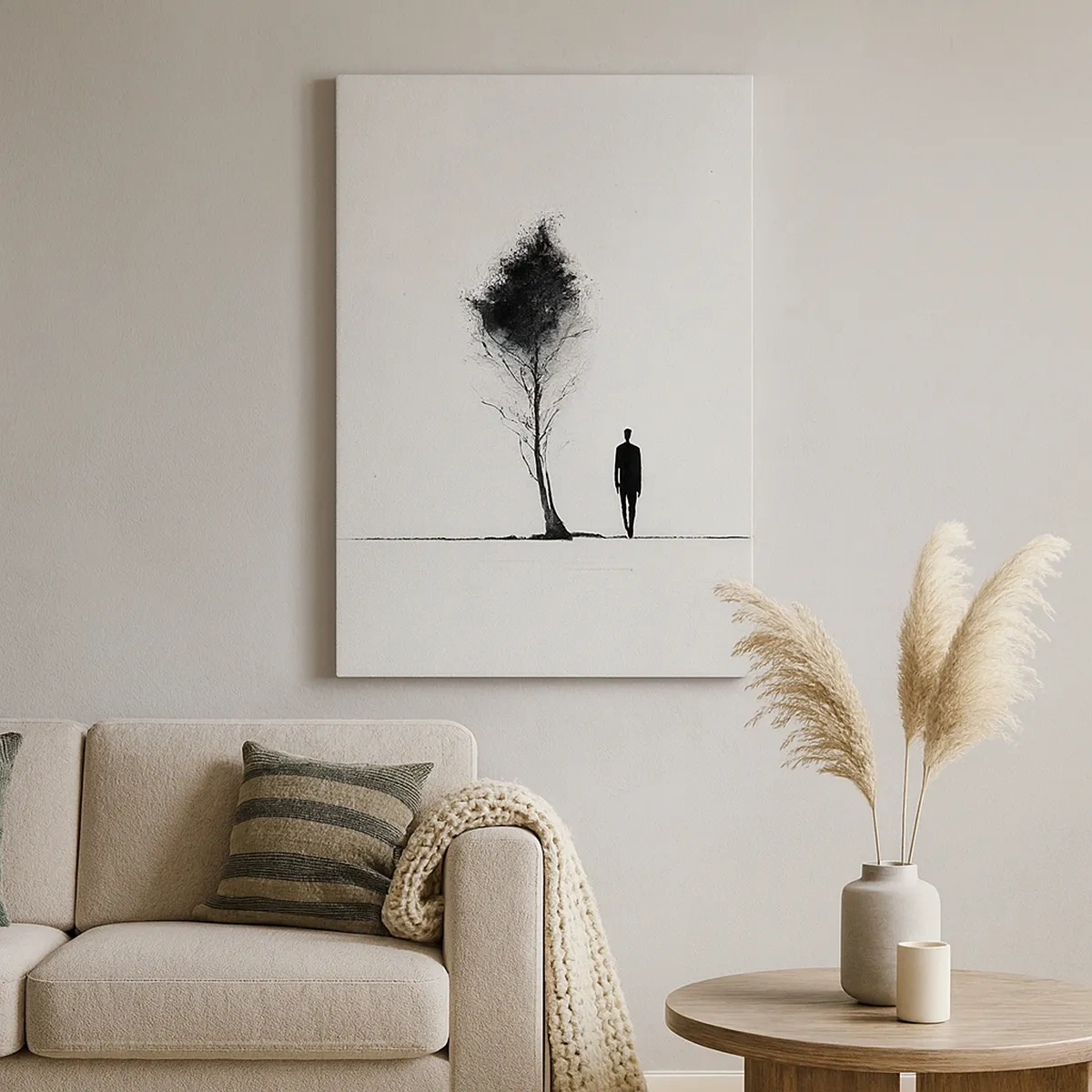 Obraz na płótnie - Minimalistyczna sylwetka człowieka obok drzewa na białym tle - 50x70cm - Wszyscy wędrujemy - Nowoczesna dekoracja ścienna do salonu, kuchni i sypialni ARTTOR