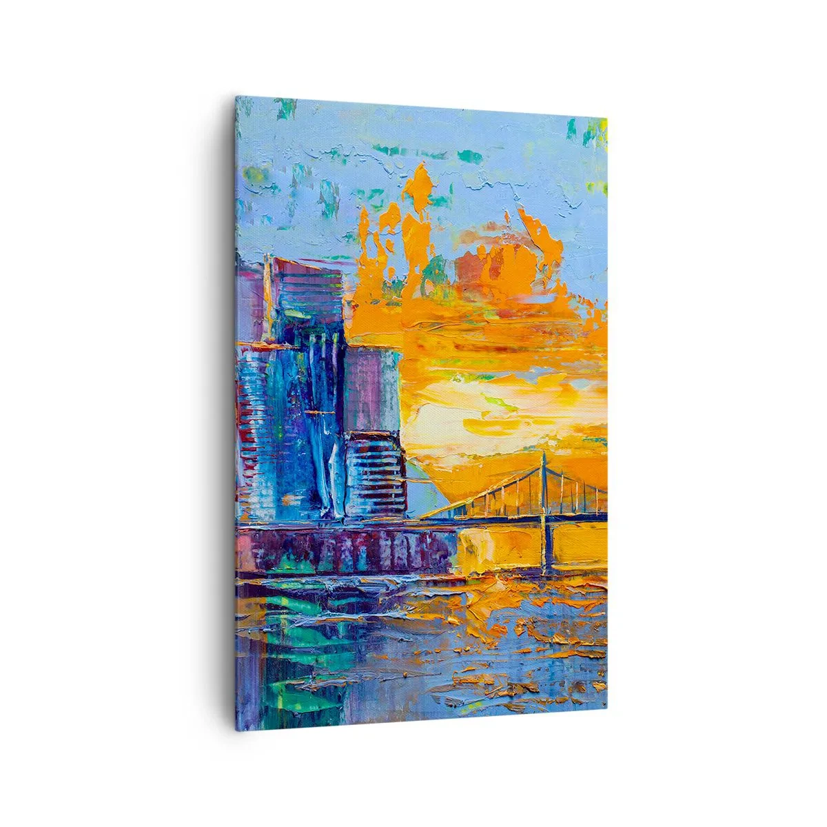 Obraz na płótnie - Kolorowe miasto z mostem w zachodzącym słońcu - 80x120cm - Kultura i natura - Nowoczesna dekoracja ścienna do salonu i sypialni ARTTOR