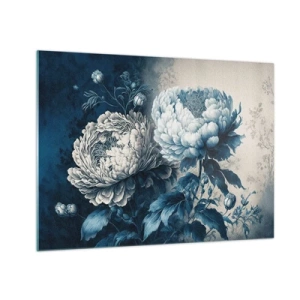 Obraz na szkle - Dwukolorowe piwonie w odcieniach błękitu i beżu na tle vintage - 70x50cm - Dobrana para - Nowoczesna dekoracja ścienna do salonu i sypialni ARTTOR