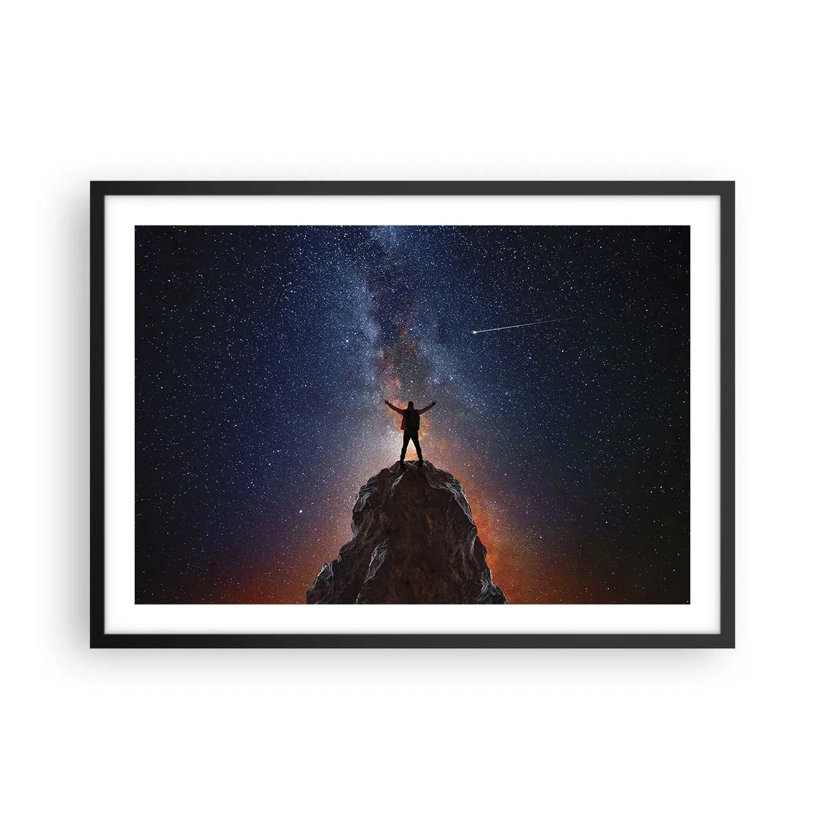 Plakat w czarnej ramie - Postać na szczycie góry pod rozgwieżdżonym niebem - 70x50cm - Moc jest ze mną! - Nowoczesna dekoracja ścienna do salonu i sypialni ARTTOR