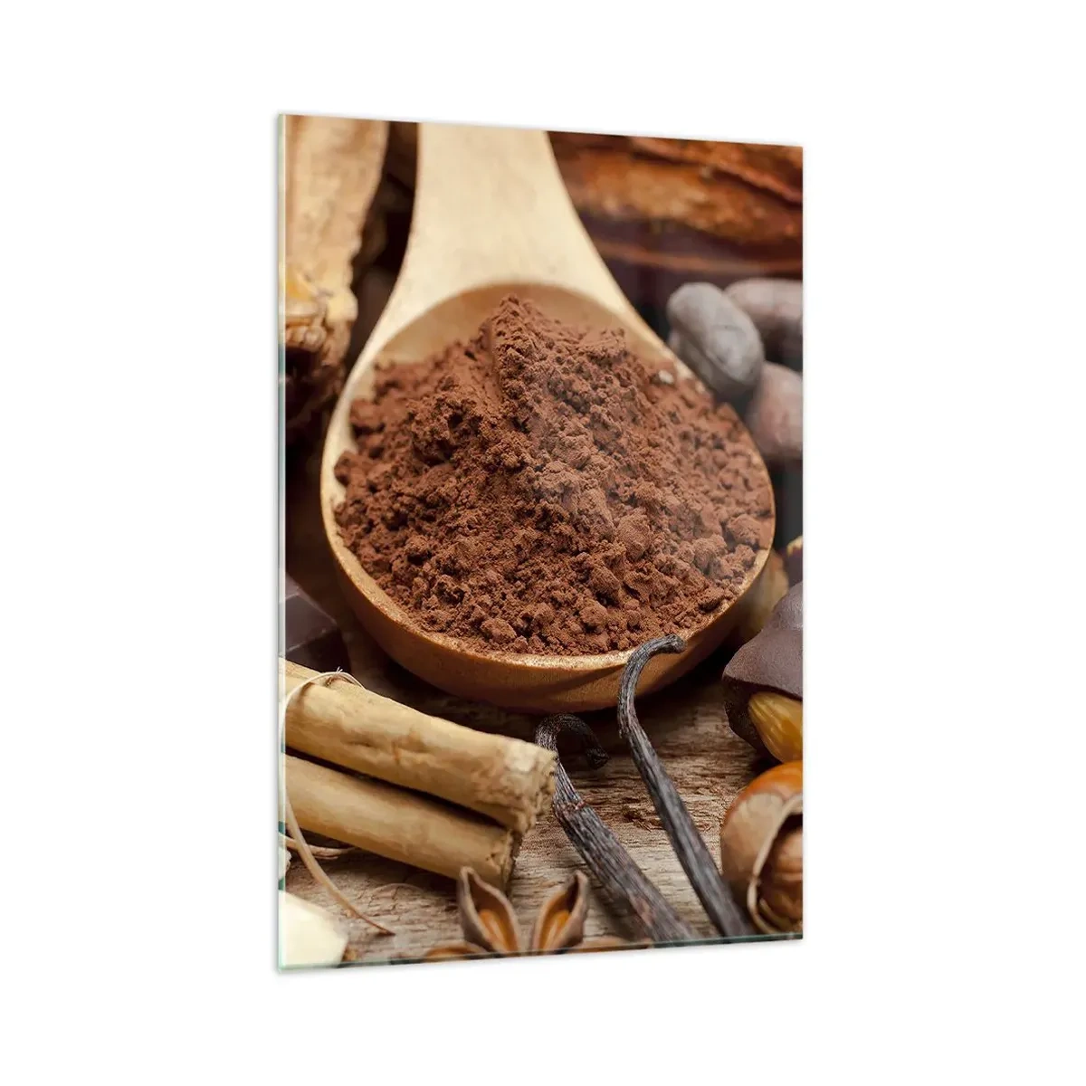 Obraz na szkle - Łyżka kakao i składniki czekoladowe w rustykalnej aranżacji - 80x120cm - Najlepsza na smutki - Nowoczesna dekoracja ścienna do salonu i sypialni ARTTOR