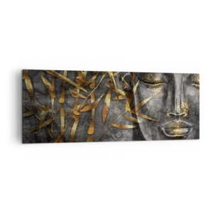Obraz na płótnie - Zen wizerunek Buddy z złotymi bambusami - 140x50cm - Poczuj spokój - Nowoczesna dekoracja ścienna do salonu i sypialni ARTTOR