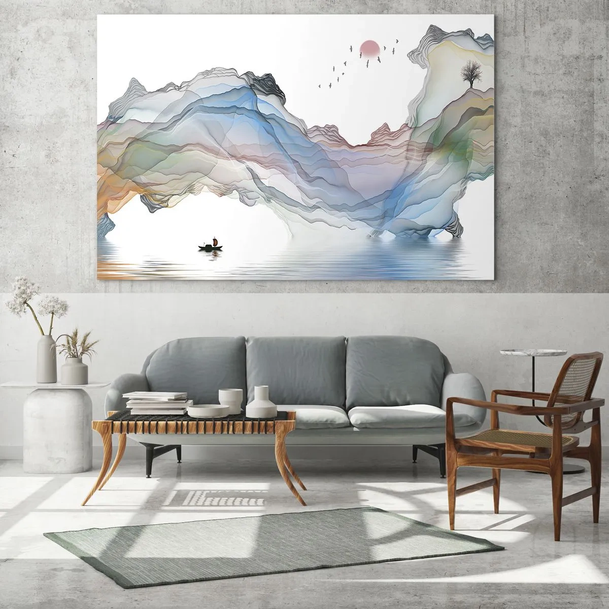 Obraz na szkle - Subtelny krajobraz z górami, wodą i łódką - 120x50cm - Ku kryształowym górom - Nowoczesna dekoracja ścienna do salonu i sypialni ARTTOR