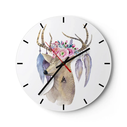 Zegar ścienny - Artystyczny rysunek jelenia z kwiatami na porożu i piórami - 30x30cm - Przewodnik duszy - delikatny, niewinny - Nowoczesna dekoracja ścienna do salonu, kuchni i sypialni ARTTOR